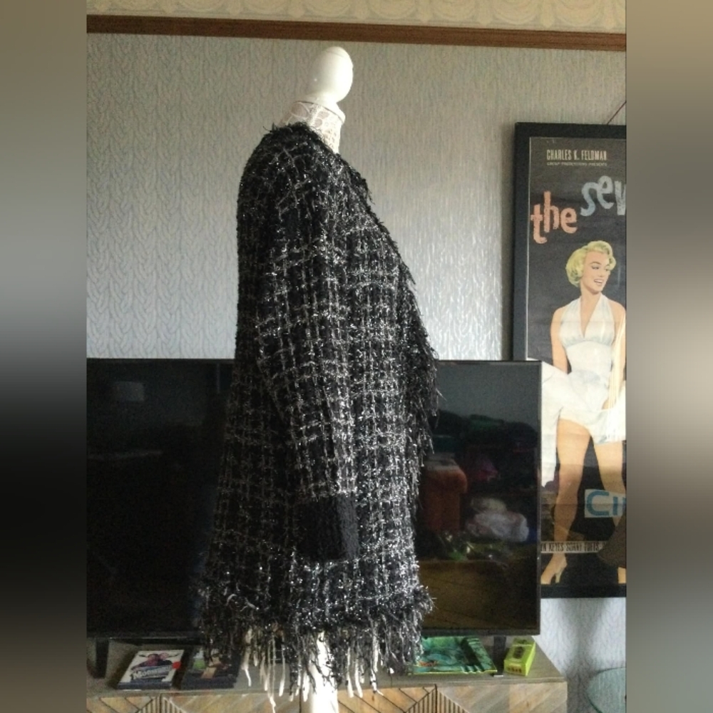 NWOT Anthropologie OLIVER O  BRAND, Open Fringe Drape Tweed Sweater